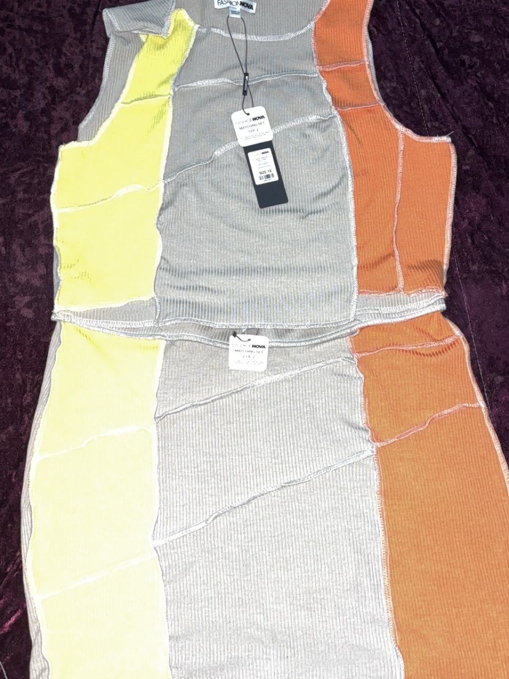 Fashion Nova Colorblock Ribbed Tank & Skirt Set in Gray, Yellow, Orange